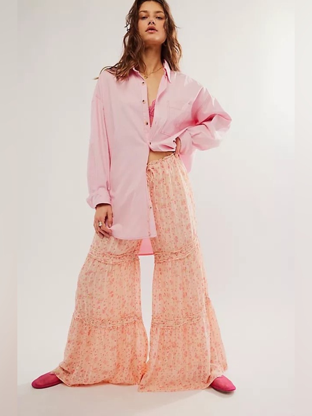 NWT FREE PEOPLE Emmaline Tiered Pull-On Pants | Peach Combo MSRP $148 Size L